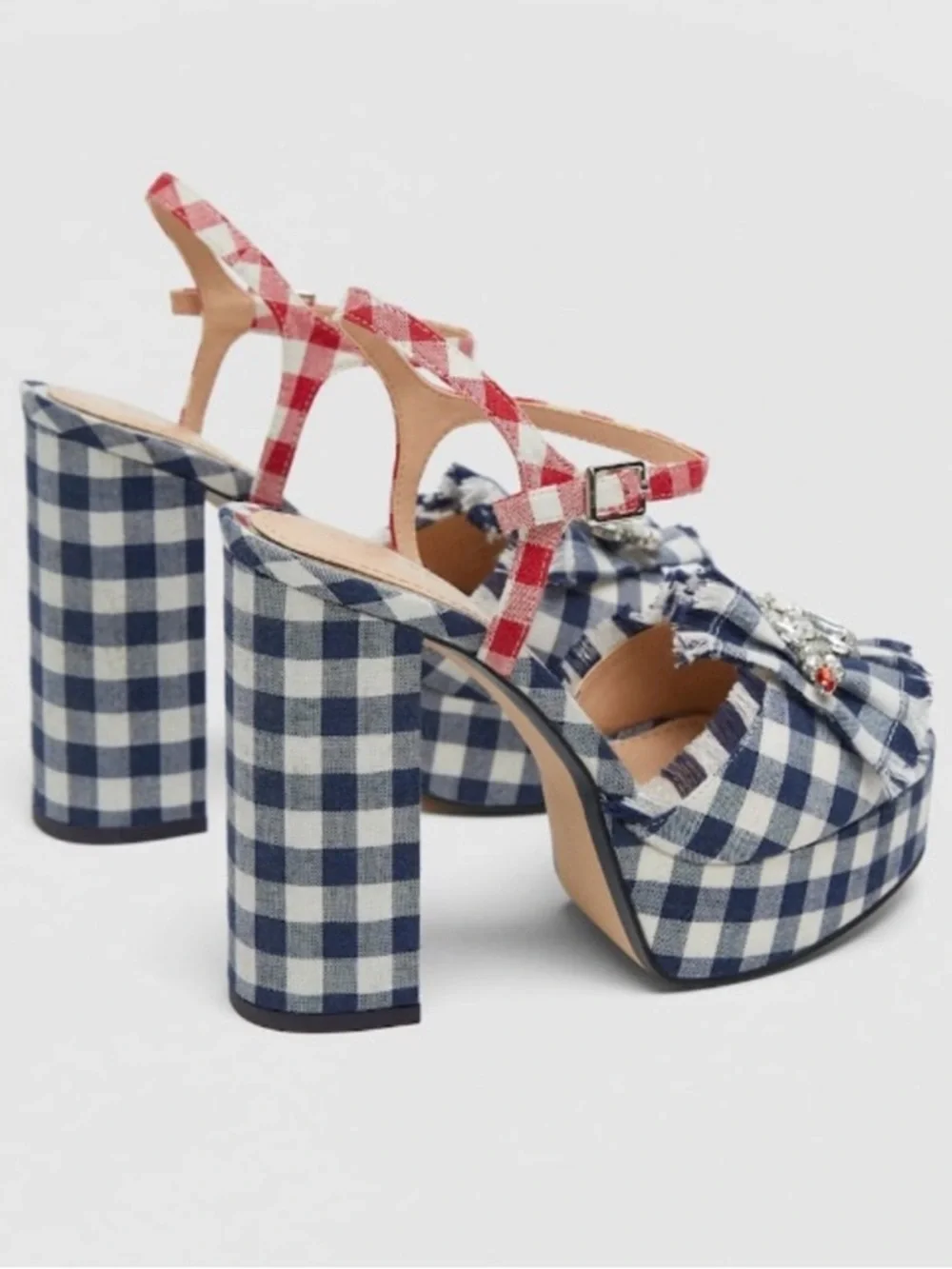 Zara Blue Red White Bejeweled Country 4th of July Gingham Platform Heels Size 38 - Picture 5 of 7